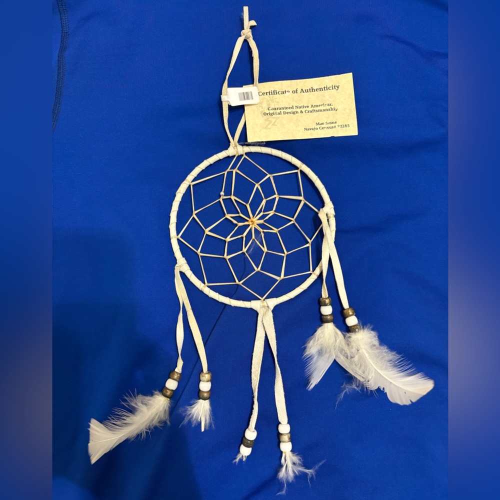 Authentic Native American White Leather Dreamcatcher 5”Navajo Mae Stone